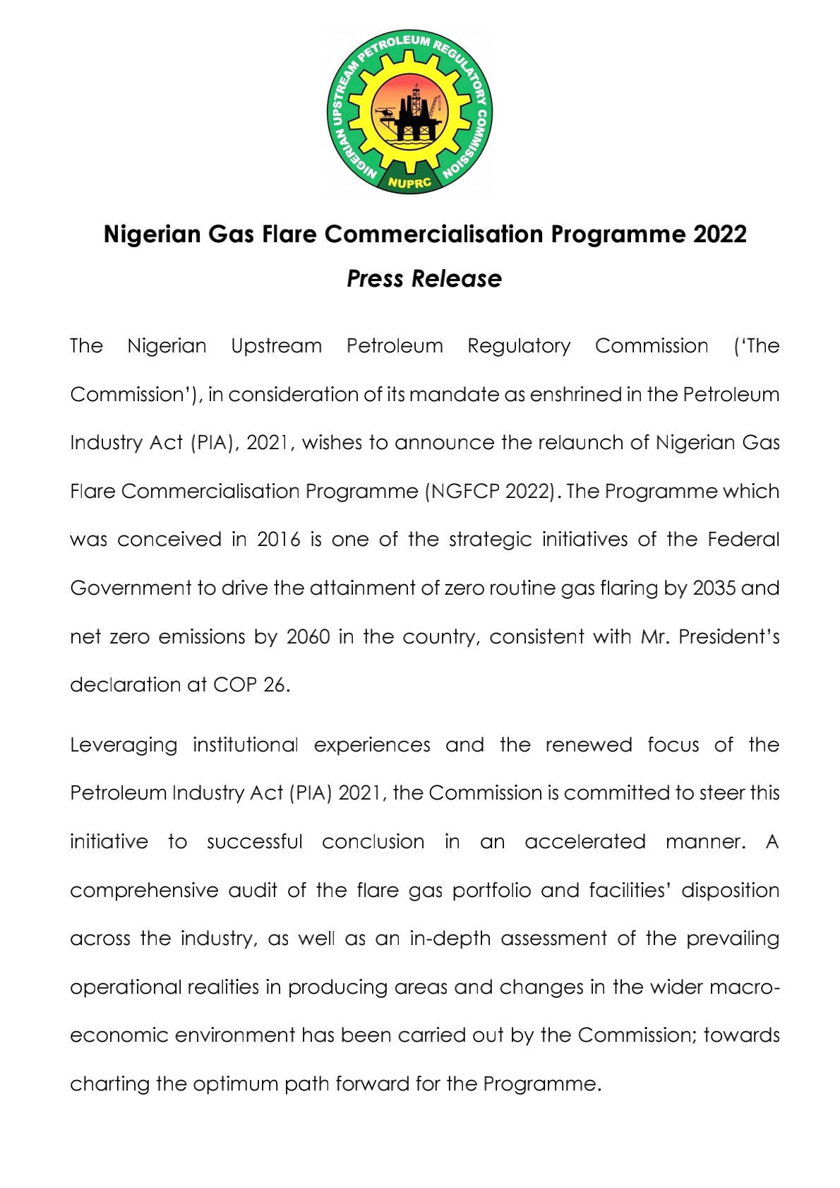 Nigerian Gas Flare Commercialisation Programme 2022: Press Release