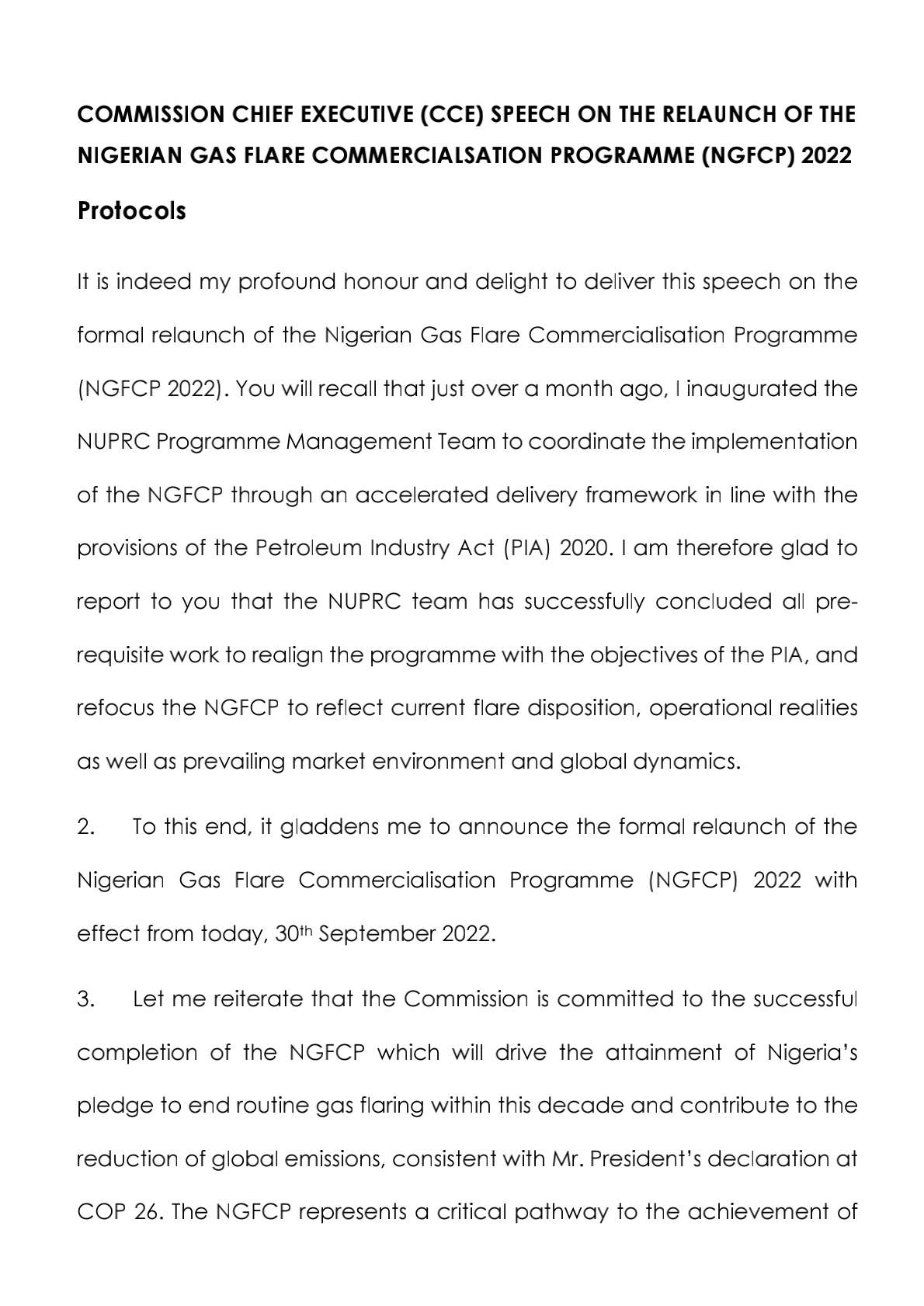 Nigerian Gas Flare Commercialisation Programme: CCE’s Speech on the Relaunch