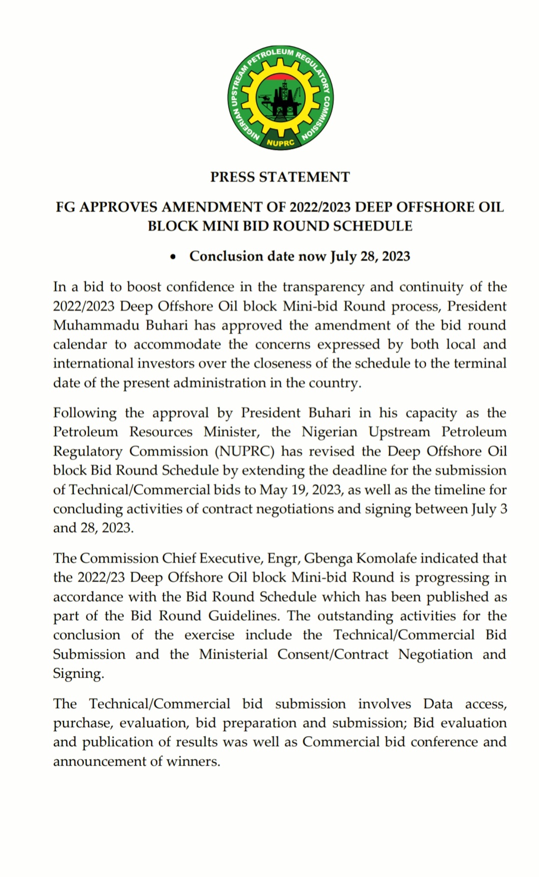 Press Statement – FG Approves Amendment of 2022/2023 Deep Offshore Oil Block Mini Bid Round Schedule