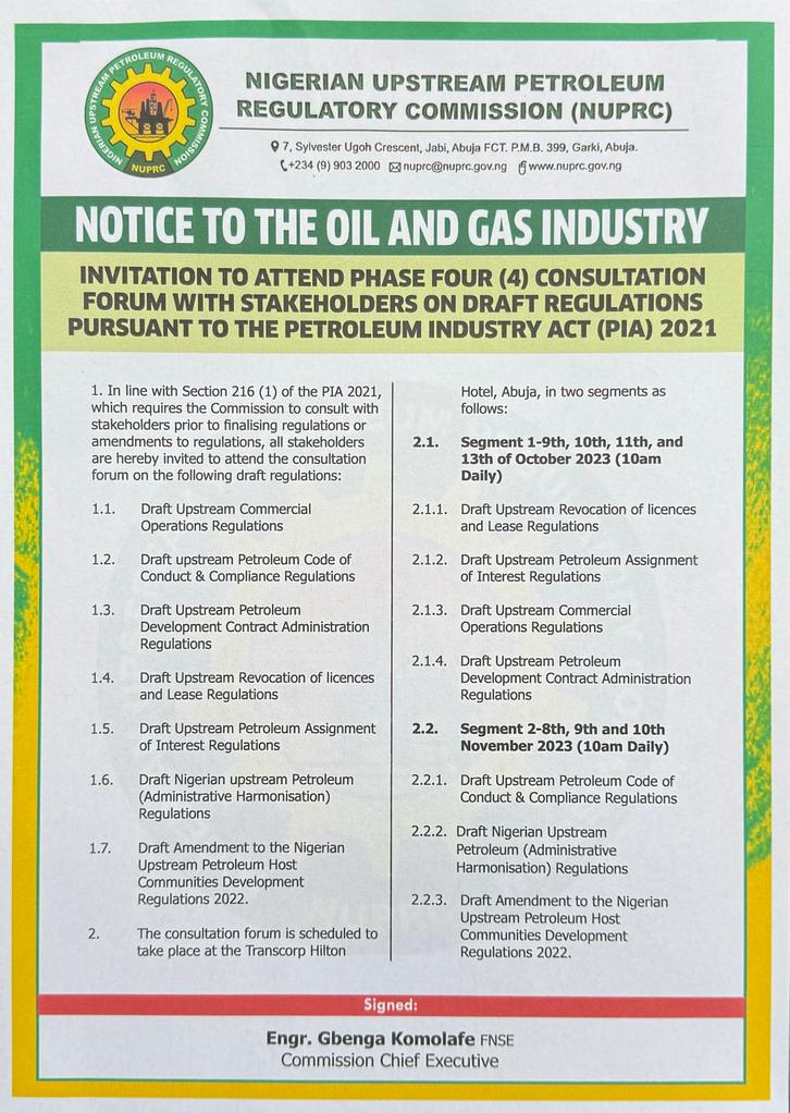 Invitation to Attend phase Four (4) Consultation Forum With Stakeholders on Draft Regulations Pursuant to the Petroleum Industry Act (PIA) 2021